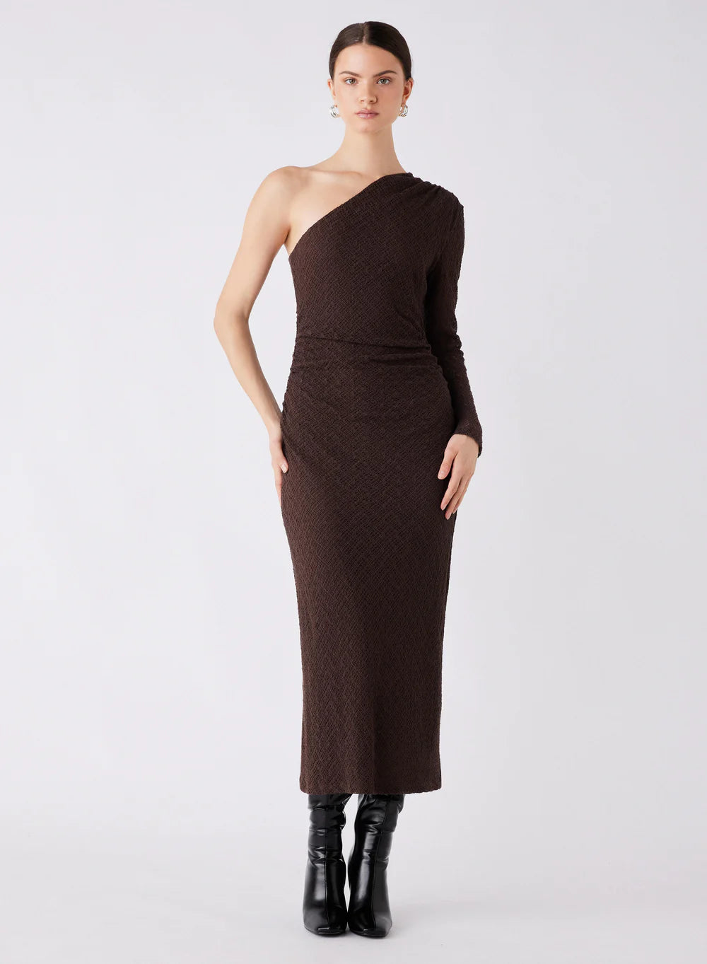 Esmaee Exile one shoulder midi dress in chocolate