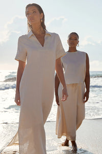 Adorne / Melanie Contrast Stitch Linen Dress - Stone
