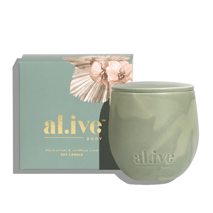 blackcurrant caribbean wood soy candle , al.ive body